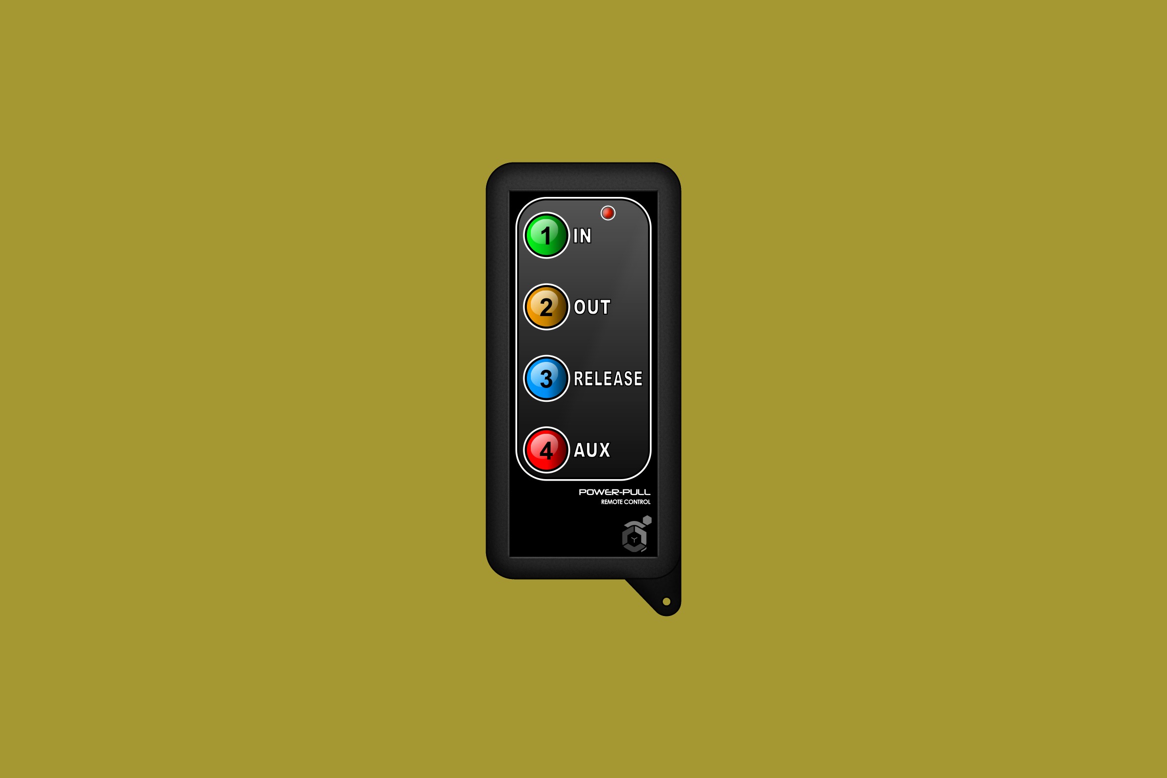 A POWER-PULL wireless key FOB. In order from top bottom there are four buttons: In, Out, Release and Aux.